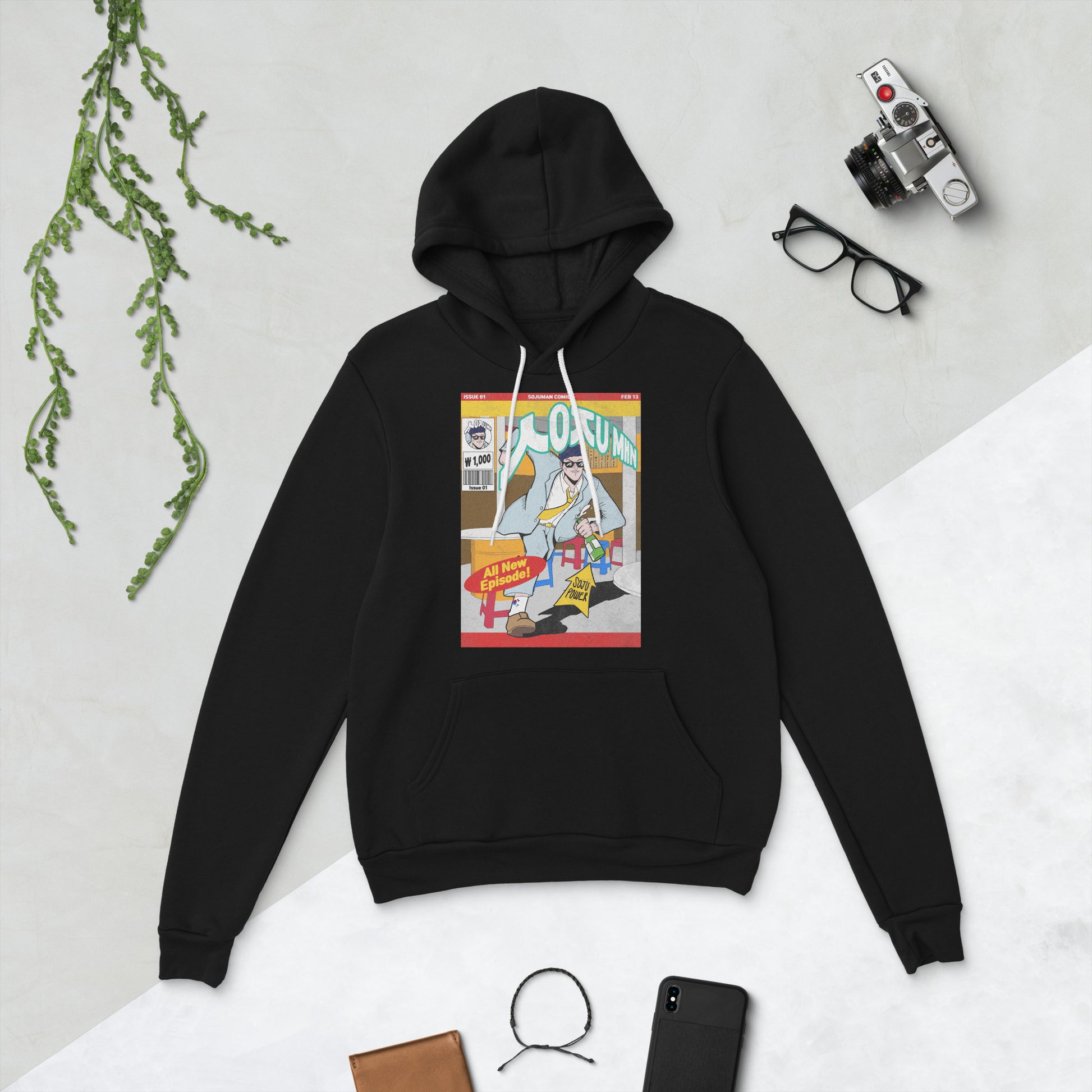 Black Korean fashion hoodie for men and women with superhero design